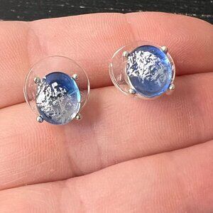 Monet Cobalt Blue & Gray Tone Crystal Stone Silver Tone Stud Earrings Vintage